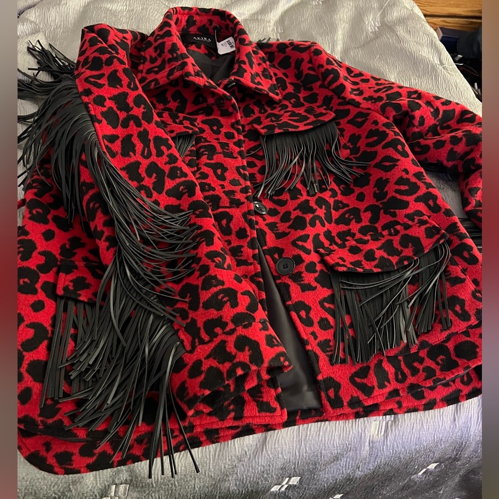 AKIRA Red and Black Leopard Fringe Jacket